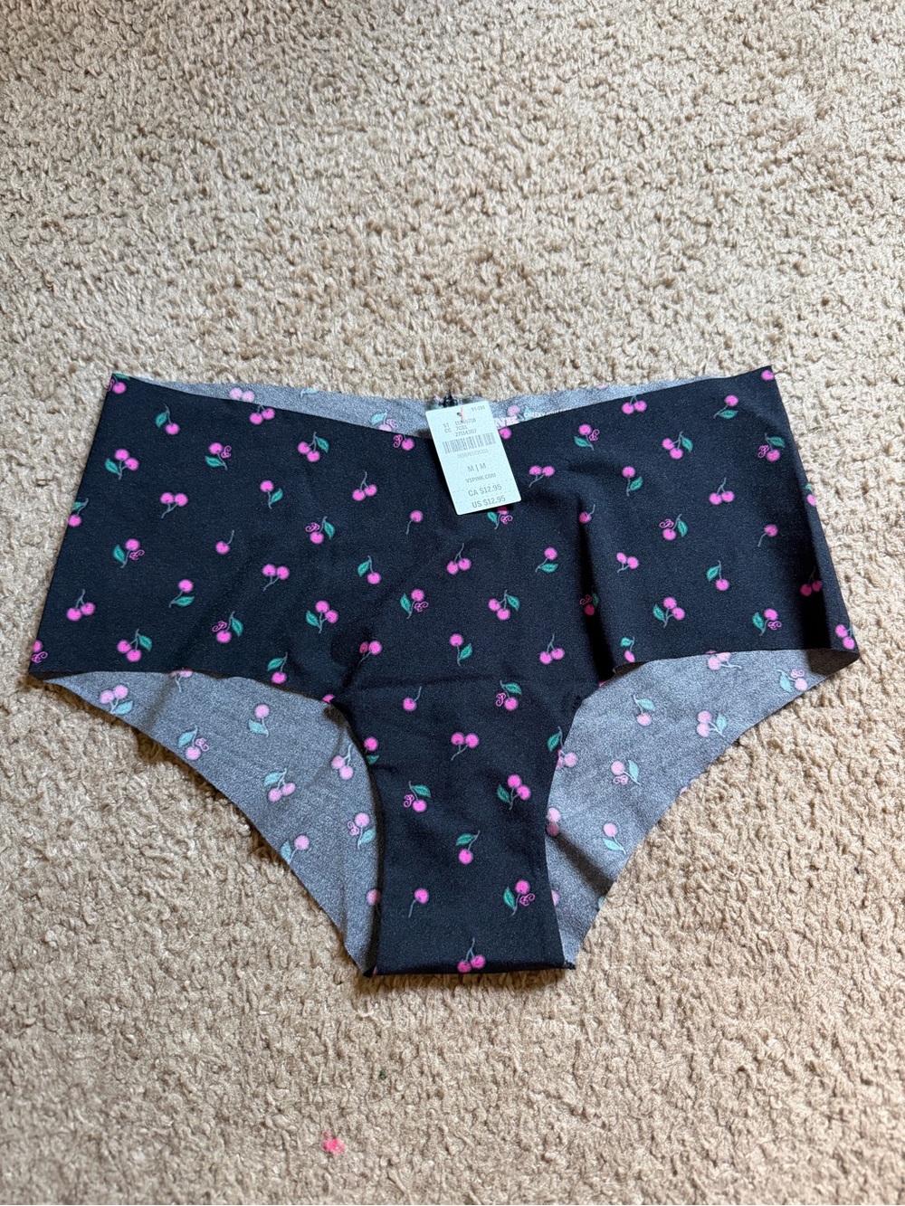 PINK Victoria's Secret Black Seamless Hipster Panty with Pink Cherry Print